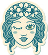 tattoo style sticker of a maidens face winking