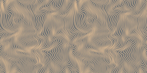 Op art illusion seamless pattern. Abstract copper metallic texture with brown wavy stripes. Moire bronze background with distorted lines. Dynamic strip ripples surface. Vector wallpaper