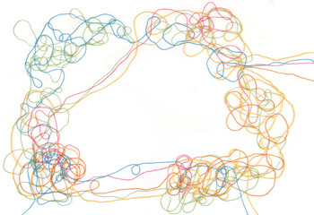 Wall Mural - tangled colorful cotton threads isolated on white background. abstract thread lines chaos pattern.