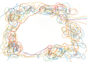 Wall Mural - tangled colorful cotton threads isolated on white background. abstract thread lines chaos pattern.