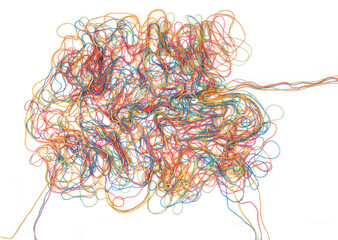 Wall Mural - tangled colorful cotton threads isolated on white background. abstract thread lines chaos pattern.