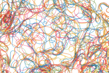 Wall Mural - tangled colorful cotton threads isolated on white background. abstract thread lines chaos pattern.