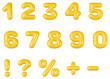 Set of 3d yellow rounded numbers and symbols on white background 
