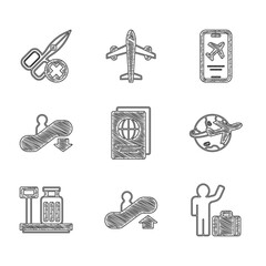 Sticker - Set Passport, Escalator up, Tourist with suitcase, Globe flying plane, Scale, down, Mobile ticket and No scissors icon. Vector