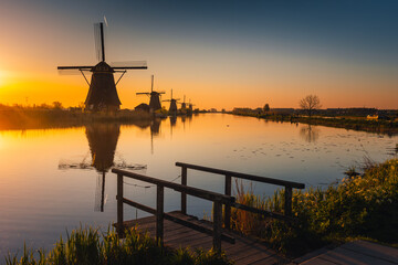 Wall Mural - Morning among the windmills in Kinderdijk - one of the most characteristic places in the Netherlands. The beautiful spring adds charm to this place.