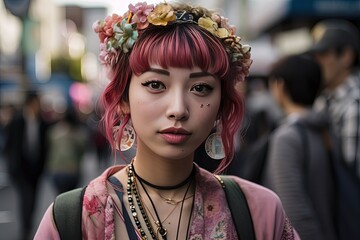 beautiful woman portrait,  Japanese girl wearing mix modern contemporary clothes fashion style, Generative Ai