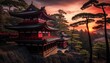 Asian temple at top of mountain peak in twilight time, Generative Ai