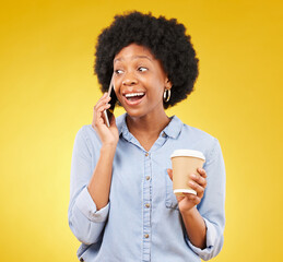 Poster - Phone call, happy and black woman with coffee in studio, smile and listening on yellow background. Smartphone, conversation and girl with tea surprised, joke and humor while enjoying speaking online