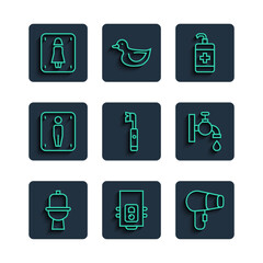 Sticker - Set line Toilet bowl, Gas boiler, Hair dryer, Hand sanitizer bottle, Electric toothbrush, Male toilet, Female and Water tap icon. Vector