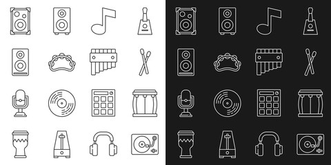 Sticker - Set line Vinyl player with vinyl disk, Drum, sticks, Music note, tone, Tambourine, Stereo speaker, and Pan flute icon. Vector