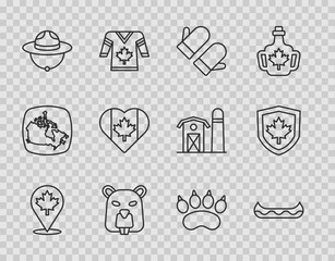 Sticker - Set line Canadian maple leaf, Kayak, Christmas mitten, Beaver animal, ranger hat, Heart shaped Canada flag, Bear paw footprint and on shield icon. Vector