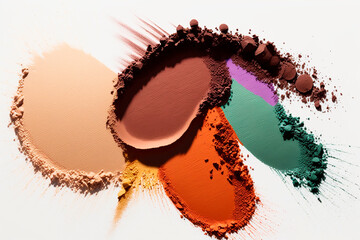 Wall Mural - Cosmetic product broken colored eyeshadow palette, beauty eye shadow scattered on a white background. Generative AI.