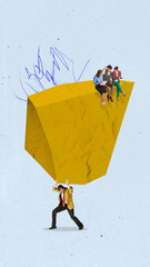 Wall Mural - Team leader carrying giant stone with employees sitting and working. Way to success and growth. Contemporary art collage.