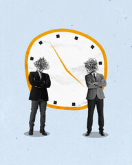 Wall Mural - Tangled thoughts. Office workers in formal wear standing over clock. Professional deadlines, overworking and stress. Contemporary art collage.