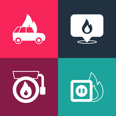 Poster - Set pop art Electric wiring of socket in fire, Ringing alarm bell, Location with flame and Burning car icon. Vector