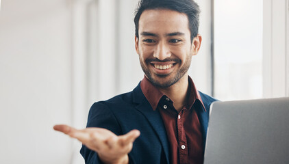 Aufkleber - Invisible hologram, hand and business man in office with gesture for digital, virtual tech and ai. Networking, 3d technology mockup and happy male at desk with laptop for internet, research and ux