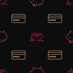 Wall Mural - Set line Piggy bank, Credit card and Broken piggy on seamless pattern. Vector