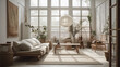 © AnArtificialWonder - Japandi Style Interior Design, Bright and Light Living Room Photography with High Ceilings and Calming Natural Decor and Styling - Generative AI