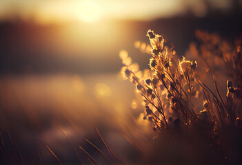 A helios lens blurred the background of the sky, with a defocused view of dried wildflowers and grass in a meadow under the strong golden rays of the sun. Generative AI