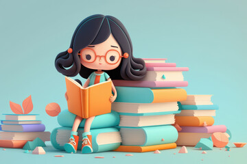 a little girl reading a book on a light background. generative ai