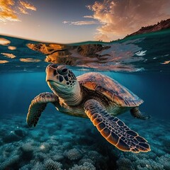 Wall Mural - A Majestic Sea Turtle Swims through the Tropical Reef at Sunset - Witness Wildlife and Nature's Beauty Underwater: Generative AI