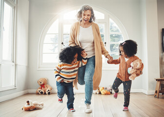 Poster - Hopscotch, grandmother and children play in home having fun, enjoy games and balance together in bedroom. Happy family, entertainment and grandma with kids for jumping, playing and numbers activity