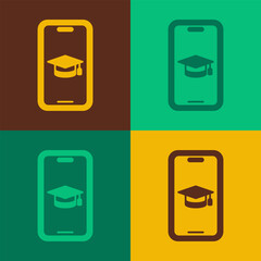 Poster - Pop art Graduation cap on screen smartphone icon isolated on color background. Online learning or e-learning concept. Vector