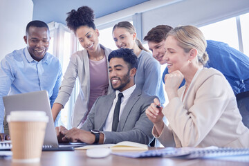 Canvas Print - Business people, laptop and team support in meeting for collaboration, planning or strategy at office. Group of diverse employee workers sharing idea in teamwork on computer for schedule project plan