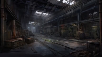 Wall Mural - creepy interior of an abandoned warehouse background, concept art, digital illustration, haunted factory, scary interior, Generative AI