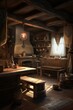 Inside an Old-Time, Simple Wooden Cottage, Building Interior for Medieval Fantasy RPG [Generative AI]