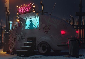 Futuristic cyberpunk hot-dog booth with neon lights