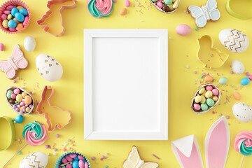 Wall Mural - Easter concept. Top view photo of vertical photo frame white golden easter eggs сolorful candies sprinkles meringue lollipops and baking molds on yellow background