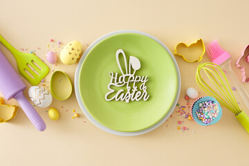 Wall Mural - Easter concept. Top view photo of green plate with inscription happy easter white yellow easter eggs kitchen utensils baking molds and sprinkles on isolated beige background