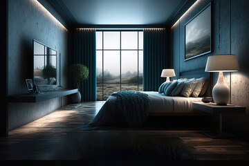 luxury studio apartment master bedroom with free layout loft style in dark colors, Stylish modern room with green plants and bib window, generative ai