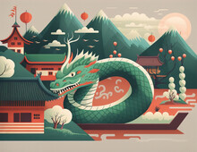 Card With Green Chinese Dragon In China Town City, Generative Ai.