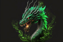 Head Of Green Angry Dragon Made Of Flame And Smoke On Black Background, Generative Ai.