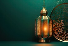 Islamic Lantern Stands With Candle Light And Arabian Ornament, Ramadan Kareem Green Background Generated AI