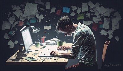 Overworked man at computer