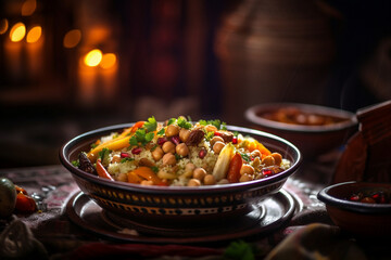 Delicious North African couscous, healthy dish made from semolina wheat, meat and vegetables, ai generative