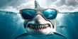 Ocean shark in sunglasses. Open toothy dangerous mouth with many teeth. Underwater blue sea waves clear water shark swims forward. Generative AI