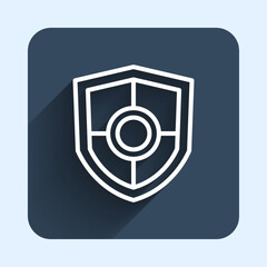 White line Shield icon isolated with long shadow background. Guard sign. Security, safety, protection, privacy concept. Blue square button. Vector