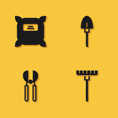 Sticker - Set Pack full of seeds, Garden rake, Gardening scissors and Shovel icon with long shadow. Vector