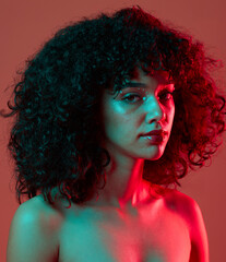 Wall Mural - woman, face and beauty with creativity in portrait, makeup and aesthetic with neon light on studio b