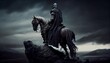 © andrenascimento - Dark fantasy knight in shining armor, cape, sword, castle, sunrise, digital art, artistic. Generative AI.