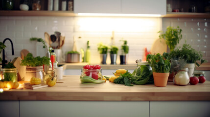 A brightly lit kitchen with a fresh spring mood, featuring a colorful array of fresh produce and herbs from a micro garden, Created with generative Ai Technology. 