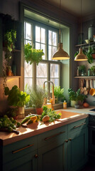 A brightly lit kitchen with a fresh spring mood, featuring a colorful array of fresh produce and herbs from a micro garden, Created with generative Ai Technology. 