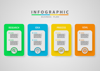 Wall Mural - Infographic 4 Steps to Successful Business Planning multi colored squares with circles and icons design for marketing, finance, growth, investment gray gradient background