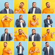 © Lustre Art Group  - Collage made of closeup portraits of bearded man expressing different emotions over blue and yellow backgrounds.