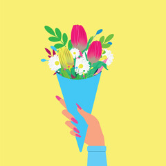  vector with a bouquet of flowers in hand. bright colorful spring bouquet on yellow background