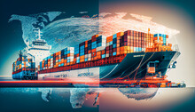 Double Exposure Of Industrial Container Cargo Freight Ship, Truck, Aircraft For Logistic Import Export Concept